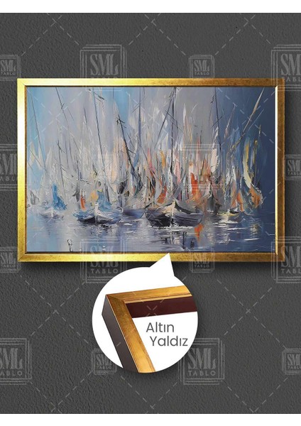 Yelkenli Gemiler Sakin Deniz Yansıma Modern Çerçeveli Yatay Kanvas Tablo