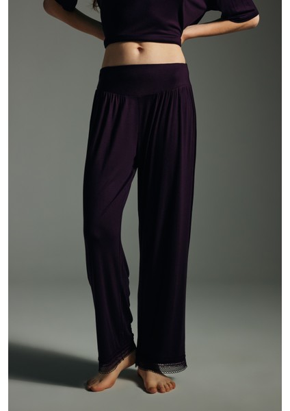 Kadın Viskon Dantel Detaylı Uzun Pijama Altı