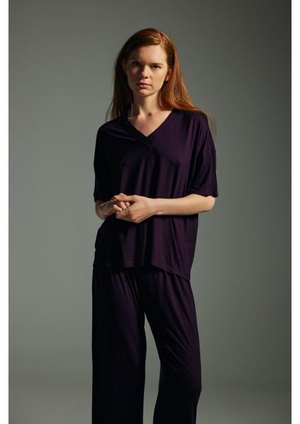 Kadın Viskon Kısa Kollu V Yaka Pijama Üstü