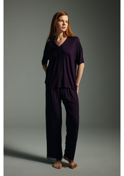 Kadın Viskon Kısa Kollu V Yaka Pijama Üstü modelleri