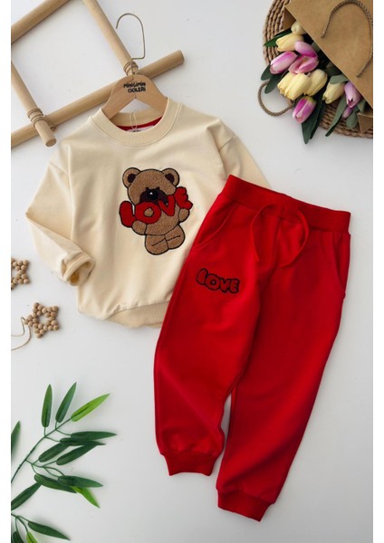 Love Bear Panç Işleme Detaylı Erkek Çocuk takım - Kırmızı