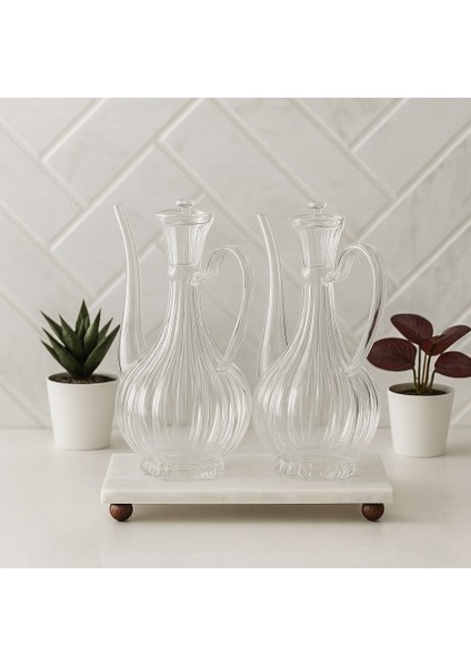 Mermer Stantlı Borosilikat Cam Glorry Cam Yağlık 700 ML+700 ml Çizgili Tasarım