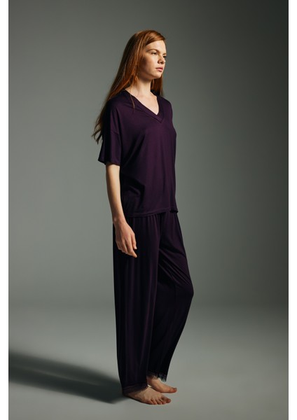 Kadın Viskon Dantel Detaylı Uzun Pijama Altı modelleri