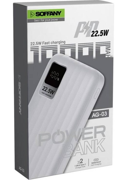 AG03-001 10.000 mAh P.Bank 22.5W 2 Type-C + 1 USB Çıkışlı Beyaz