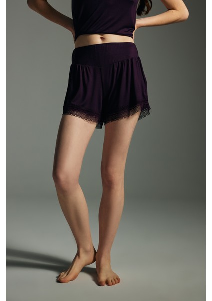 Kadın Viskon Dantel Detaylı Şort Pijama Altı