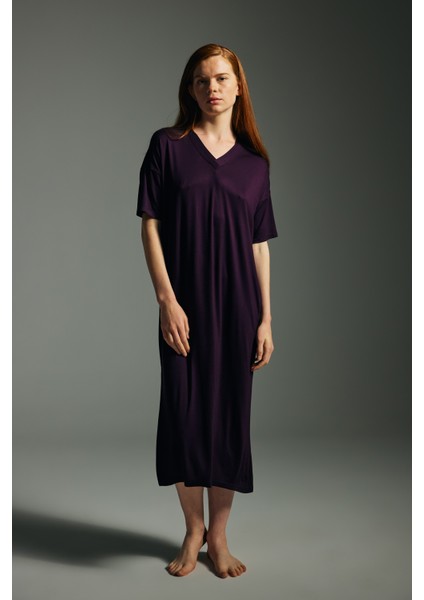 Kadın Viskon Kısa Kollu V Yaka Gecelik