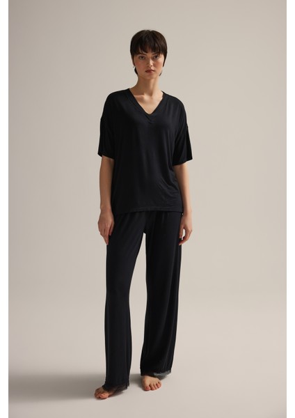 Kadın Viskon Kısa Kollu V Yaka Uzun Pijama Takımı