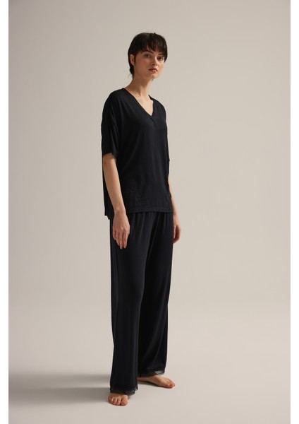 Kadın Viskon Kısa Kollu V Yaka Uzun Pijama Takımı fiyatları