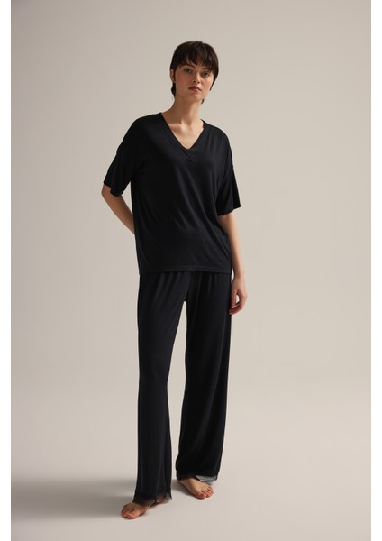 Kadın Viskon Kısa Kollu V Yaka Uzun Pijama Takımı modelleri