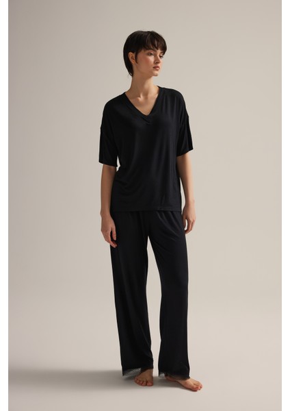 Kadın Viskon Kısa Kollu V Yaka Uzun Pijama Takımı indirimleri