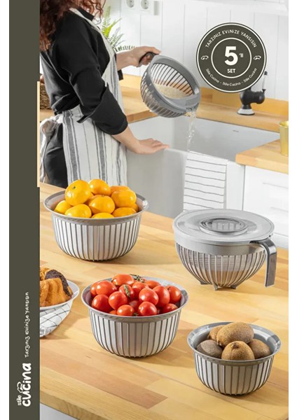 5 Parça Linea Çok Amaçlı Çeyiz Seti Yeşil 1x( Mikser Kabı 3lt) 1x(3 Boy Kase) 1x(Pirinç Süzgeçi 3lt)