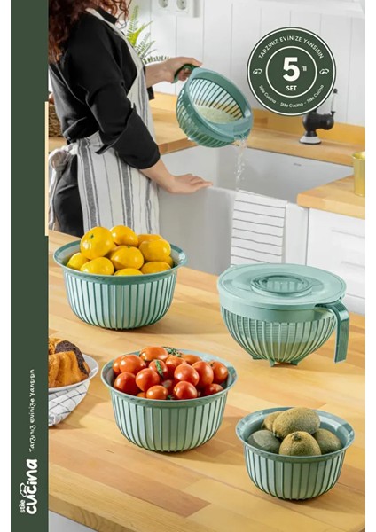 5 Parça Linea Çok Amaçlı Çeyiz Seti Yeşil 1x( Mikser Kabı 3lt) 1x(3 Boy Kase) 1x(Pirinç Süzgeçi 3lt)