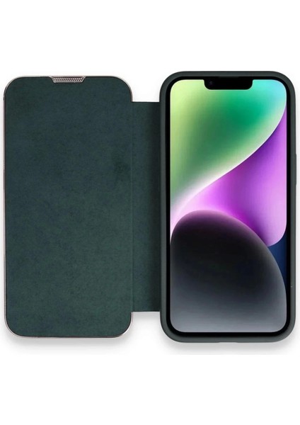 iPhone 14 Pro Max Kılıf Dolpin Kapaklı - Koyu YEŞIL-(5796)