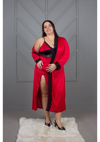 Aşkın Rengi Kırmızı: Büyük Beden Sabahlıklı Ipekli Penye Gecelik Takımı