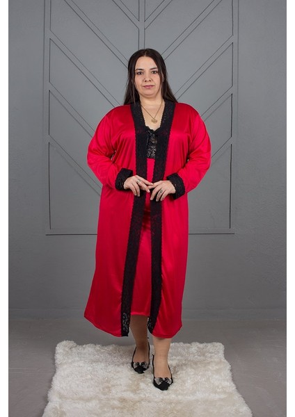 Aşkın Rengi Kırmızı: Büyük Beden Sabahlıklı Ipekli Penye Gecelik Takımı fırsatları