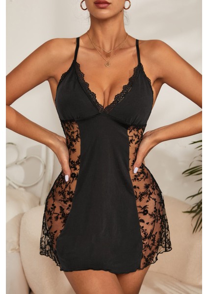 Kadın Siyah Çapraz Sırt Dekolteli Transparan Dantel Gecelik fiyatları