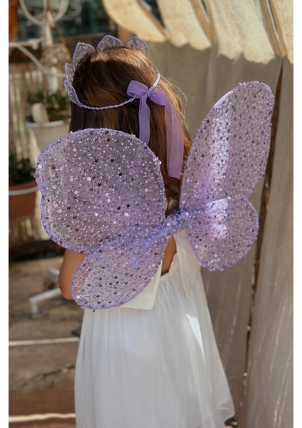 Lila Pullu Boncuklu 3'lü Kelebek Kanat Asa Taç Set