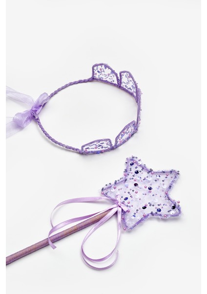 Lila Pullu Boncuklu 3'lü Kelebek Kanat Asa Taç Set