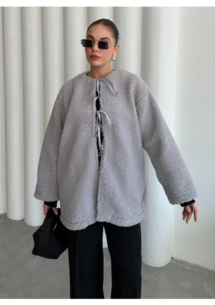 Gri Önü Bağlamalı Teddy Ceket