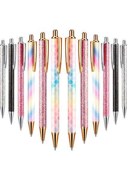 12 Adet Glitter Tükenmez Kalemler Tıklayın Tükenmez Kalem Metal Glitter Kalem Geri Çekilebilir Siyah Mürekkep Orta Nokta Kalemler (Yurt Dışından)