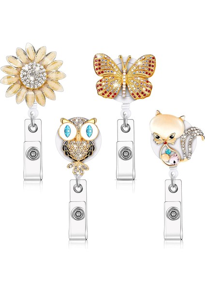 Hemşire Doktor Öğretmeni Için 4 Adet Rhinestone Geri Çekilebilir Rozet Makara Kimlik Klipsi (Baykuş, Kedi, Kelebek, Ayçiçeği) (Yurt Dışından)