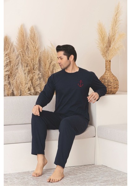Erkek Çapalı Lacivert Uzun Kollu Penye Kumaş Mevsimlik Pijama Takımı