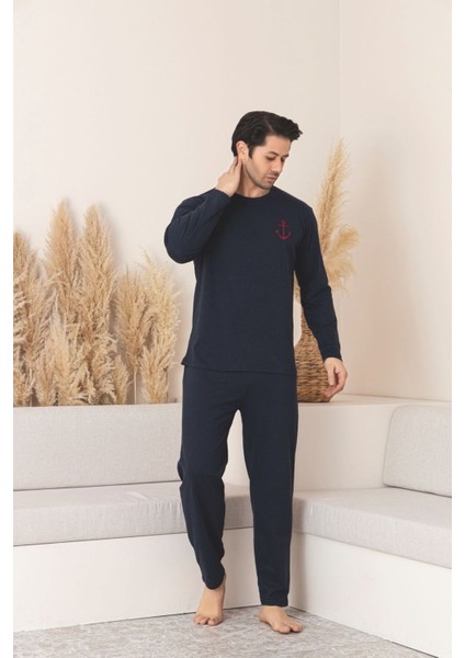 Erkek Çapalı Lacivert Uzun Kollu Penye Kumaş Mevsimlik Pijama Takımı fiyatları