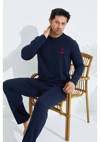Erkek Çapalı Lacivert Uzun Kollu Penye Kumaş Mevsimlik Pijama Takımı modelleri