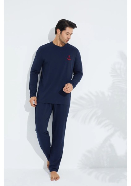 Erkek Çapalı Lacivert Uzun Kollu Penye Kumaş Mevsimlik Pijama Takımı fırsatları