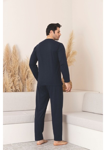 Erkek Çapalı Lacivert Uzun Kollu Penye Kumaş Mevsimlik Pijama Takımı