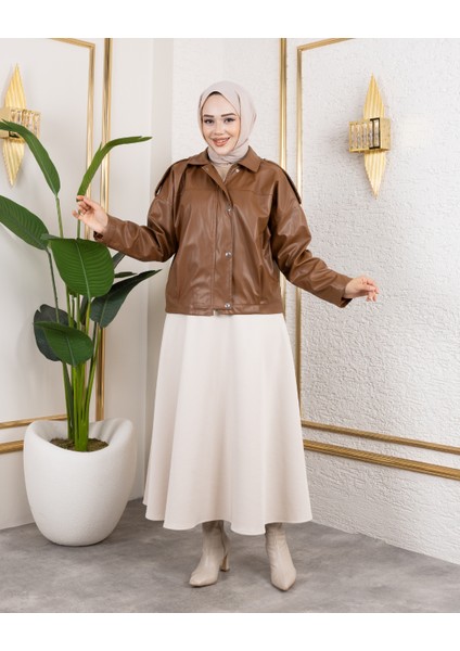 Kadın Taba Deri Astarlı Fermuarlı Ceket