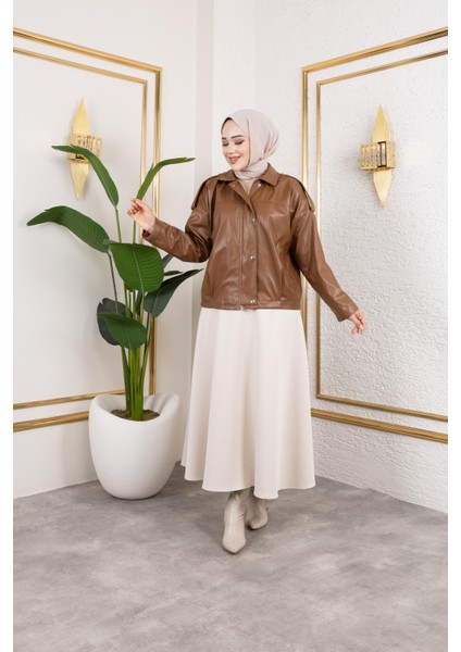 Kadın Taba Deri Astarlı Fermuarlı Ceket modelleri