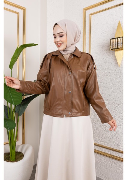 Kadın Taba Deri Astarlı Fermuarlı Ceket indirimleri