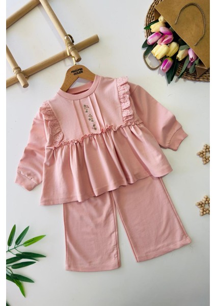 Çiçek Işleme Detaylı Fistolu Kız Çocuk pamuk takım - Somon