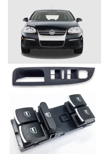 Volkswagen Vw Jetta 2006-2010 Uyumlu Sol Ön Dörtlü Krom Cam Açma Düğmesi ve Çerçevesi Siyah