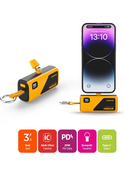 PSM132 Taşınabilir Dijital Göstergeli 20W Pd Çıkışlı Şarj Cihazı Powerbank 5.000 Mah Sarı modelleri