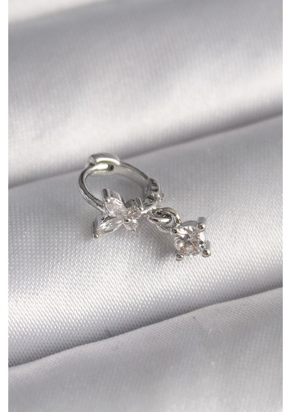 Bfs 316L Çelik Gümüş Renk Zirkon Taşlı Kelebek Model Sallantı Detay Tragus Piercing