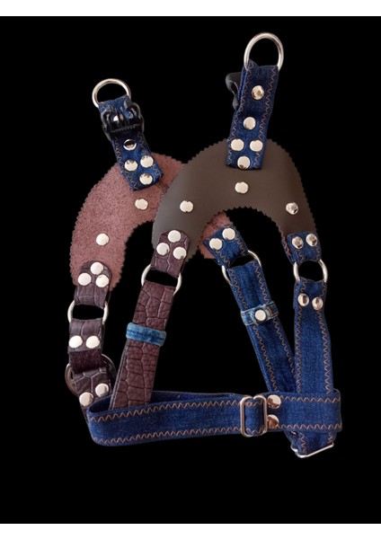 Köpek göğüs tasması orta ırk hakiki deri/kot kombineli göğüs ölçüsü:45-75cm ayarlamalı Gt5-32 indirimleri