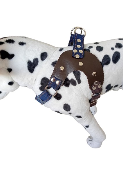 Köpek göğüs tasması orta ırk hakiki deri/kot kombineli göğüs ölçüsü:45-75cm ayarlamalı Gt5-32