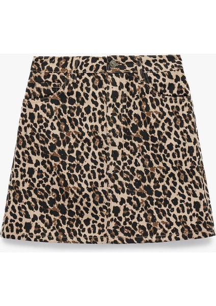 Yüksek Bel Leopar Desenli Taş Detaylı Mini Etek
