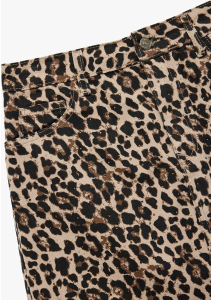 Yüksek Bel Leopar Desenli Taş Detaylı Mini Etek modelleri