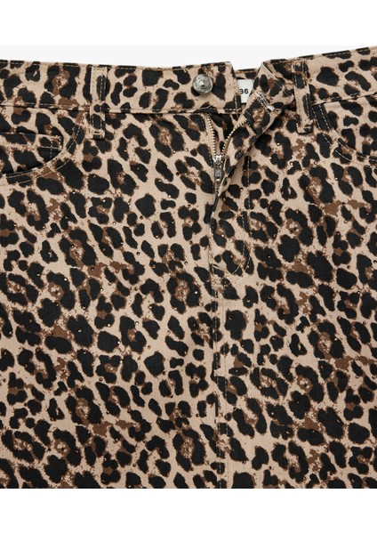 Yüksek Bel Leopar Desenli Taş Detaylı Mini Etek fırsatları