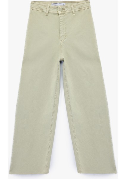 Yüksek Bel Düğmeli Cepli Rahat Kalıp Geniş Paça Denim Pantolon - Culotte Jeans fırsatları