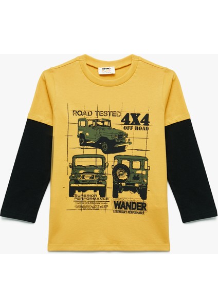 Uzun Kollu Bisiklet Yaka Araba Baskılı Pamuklu Tişört