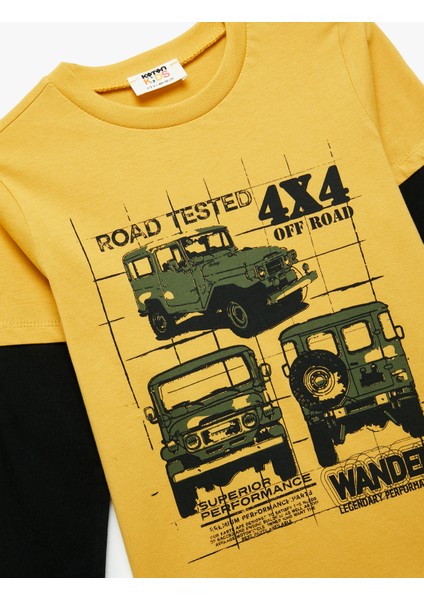 Uzun Kollu Bisiklet Yaka Araba Baskılı Pamuklu Tişört modelleri