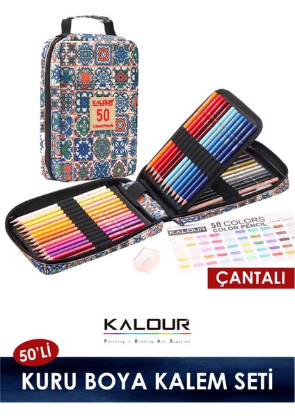 Kuru Boya Kalem Seti 50 Renk, Çantalı (Defter+Blender ve Jel Kalem+Kalemtraş Hediyeli)