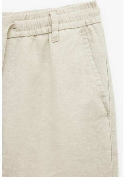Beli Bağcıklı Düğmeli Cep Detaylı Keten Chino Pantolon