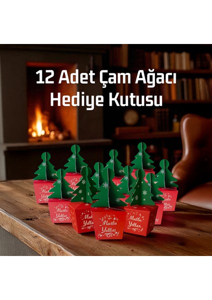 Yılbaşı Çam Ağacı Saplı Hediye Kutu, 12 Adet, Yeniyıl Parti, Dekor, Süs Kutusu, 6 x 6 x 16 cm modelleri