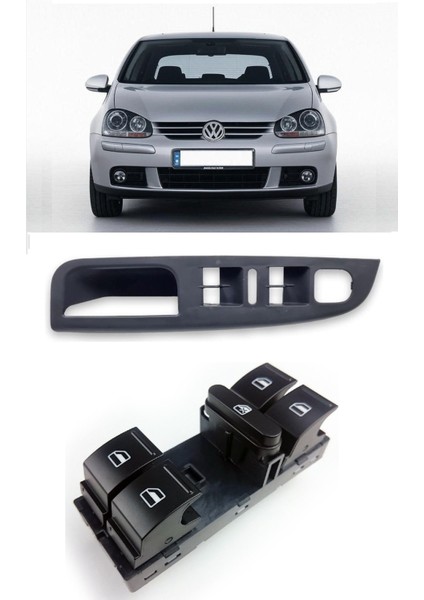 Volkswagen Vw Golf 5 Mk5 2004-2008 Uyumlu Sol Ön Dörtlü Krom Cam Açma Düğmesi ve Çerçevesi Siyah