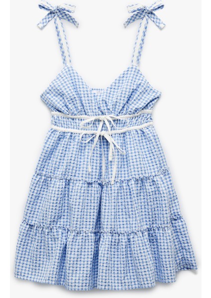 Kolsuz V Yaka Fiyonklu Bağcıklı Pötikareli Mini Elbise modelleri